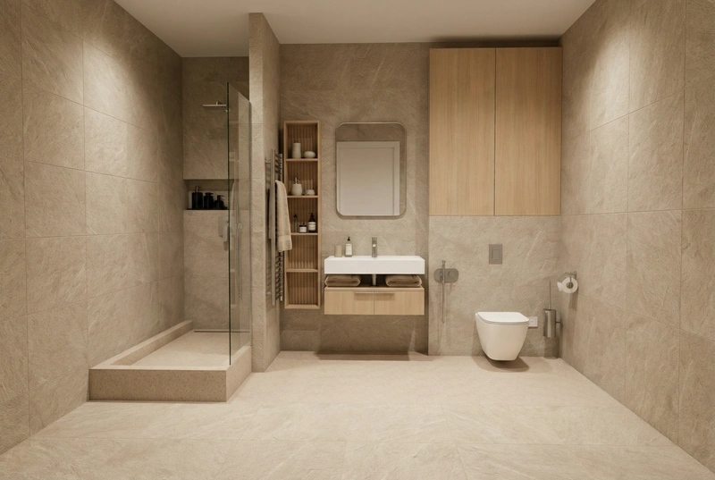 Дизайн ванной в стиле Japandi — фото интерьера от нейросети RoomGPT