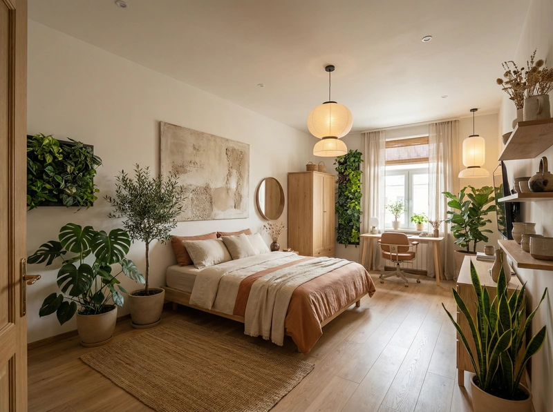 Дизайн спальни в стиле Japandi — фото интерьера от нейросети RoomGPT