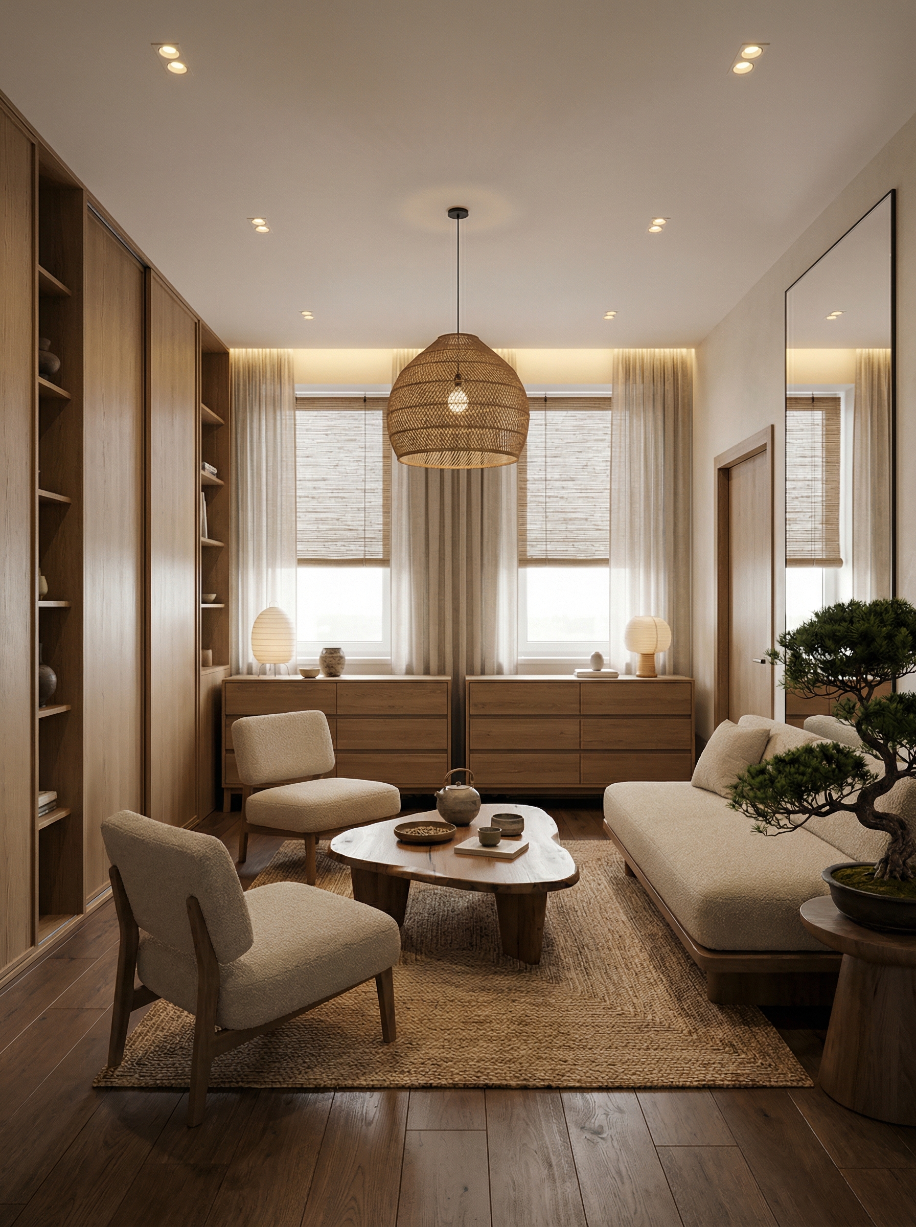 Дизайн гостиной в стиле Japandi — фото интерьера от нейросети RoomGPT