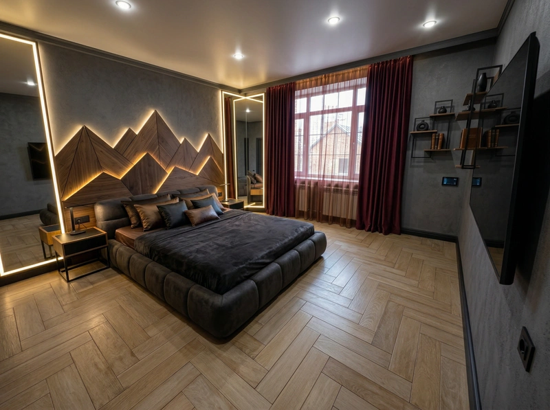 Дизайн спальни в стиле Блэктэк — фото интерьера от нейросети RoomGPT