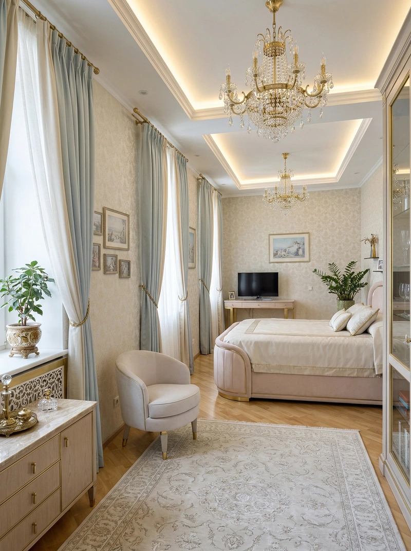Дизайн спальни в стиле Неоклассика — фото интерьера от нейросети RoomGPT