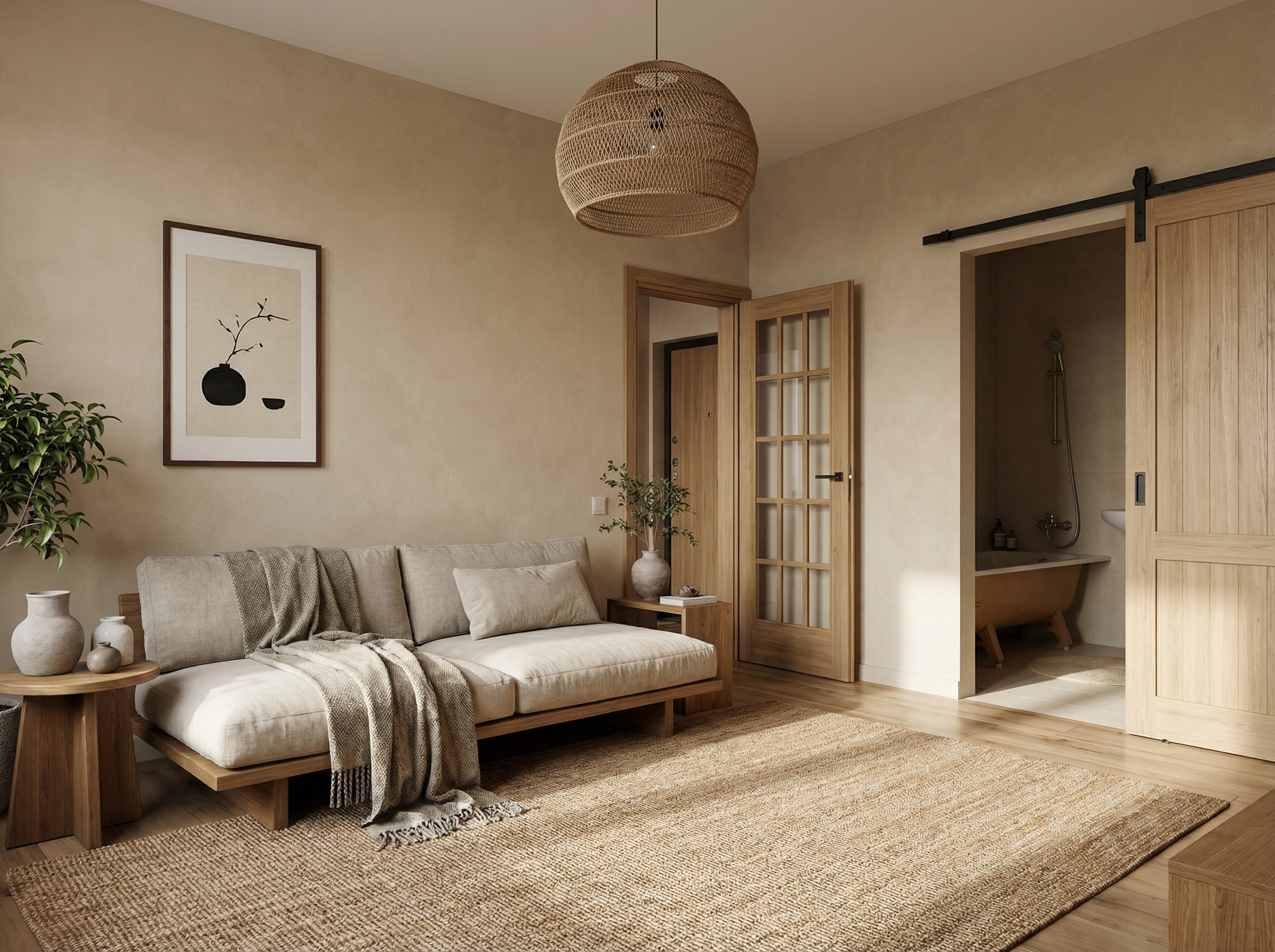 Дизайн гостиной в стиле Japandi — фото интерьера от нейросети RoomGPT