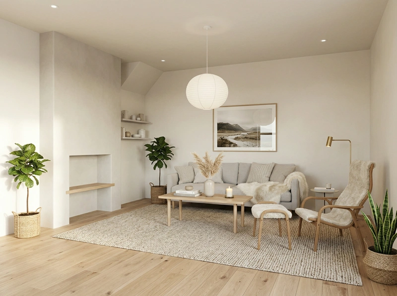 Дизайн гостиной в стиле Хюгге — фото интерьера от нейросети RoomGPT