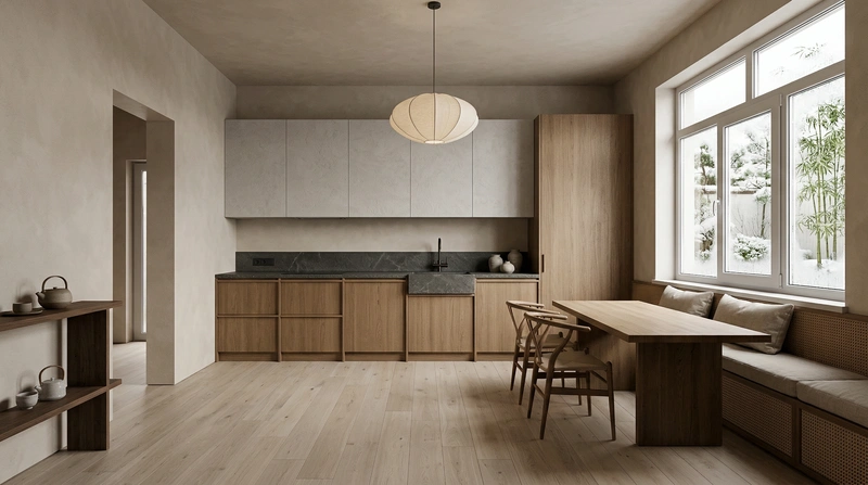 Дизайн кухни в стиле Japandi — фото интерьера от нейросети RoomGPT