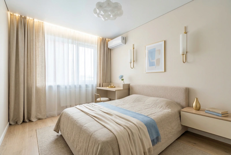 Дизайн спальни в стиле Сканди — фото интерьера от нейросети RoomGPT