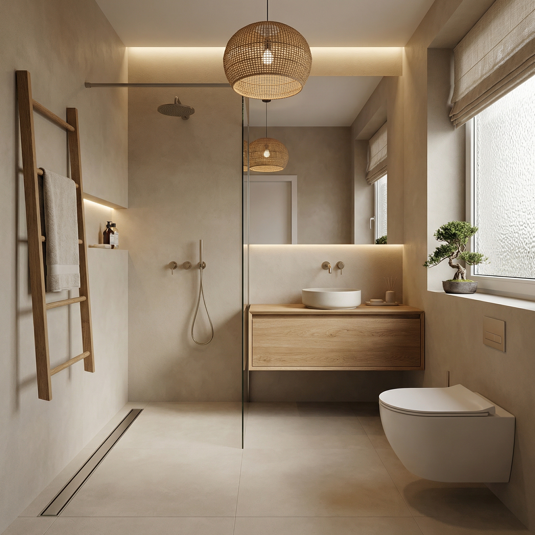 Дизайн ванной в стиле Japandi — фото интерьера от нейросети RoomGPT