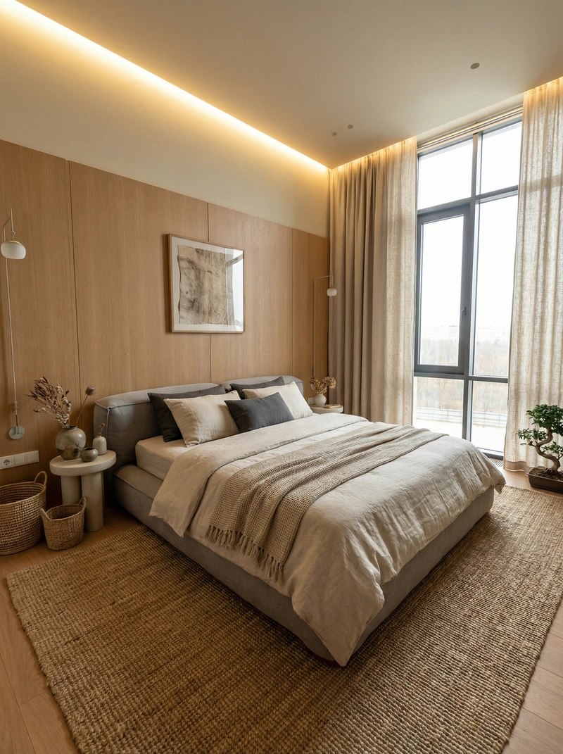 Дизайн спальни в стиле Japandi — фото интерьера от нейросети RoomGPT