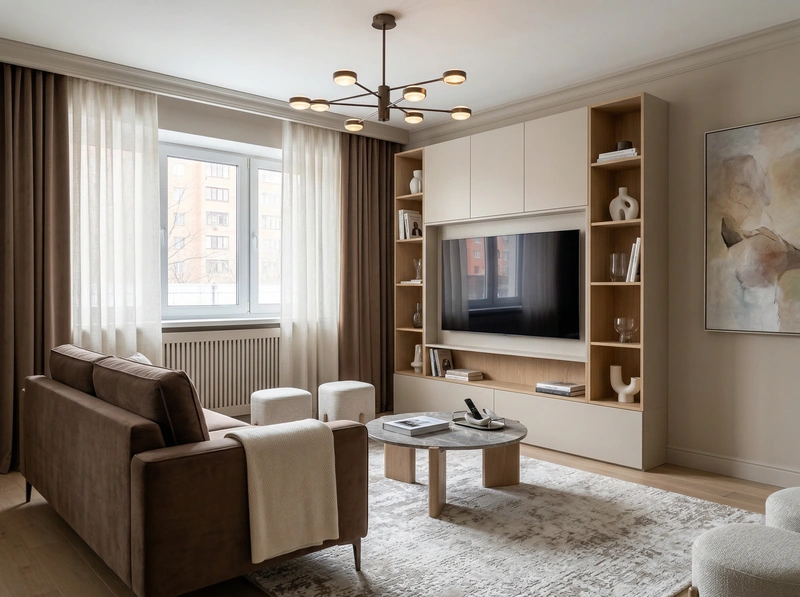 Дизайн интерьера в стиле Контемпорари — Гостиная от нейросети RoomGPT