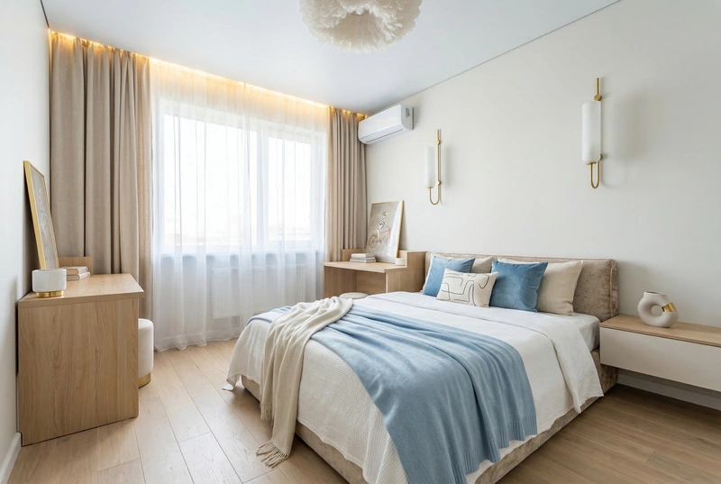 Дизайн спальни в стиле Сканди — фото интерьера от нейросети RoomGPT