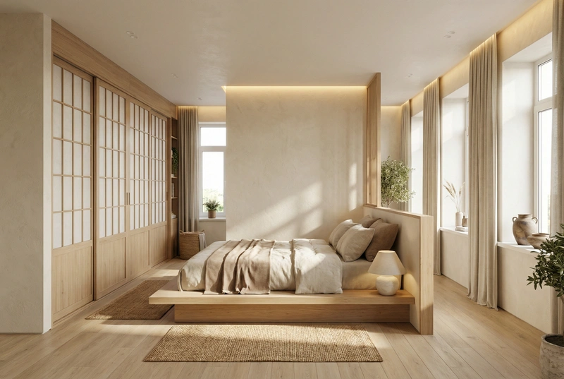 Дизайн спальни в стиле Japandi — фото интерьера от нейросети RoomGPT
