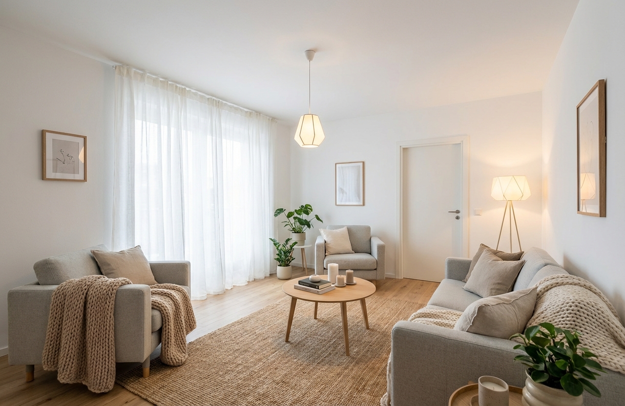 Дизайн гостиной в стиле Хюгге — фото интерьера от нейросети RoomGPT