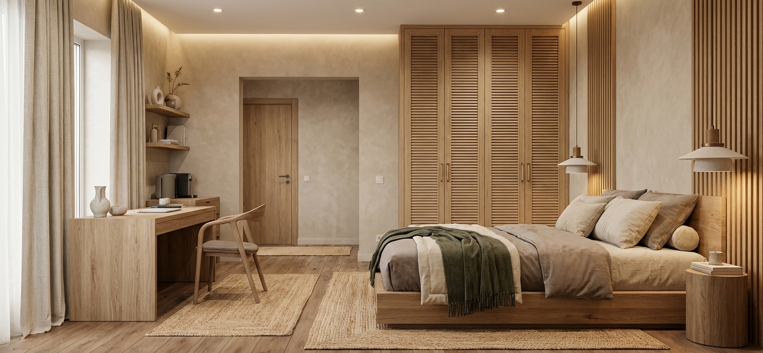 Дизайн спальни в стиле Japandi — фото интерьера от нейросети RoomGPT