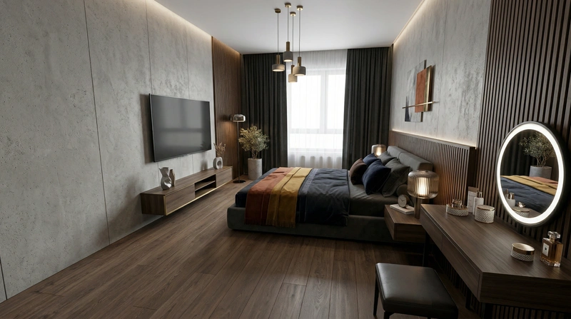 Дизайн спальни в стиле Контемпорари — фото интерьера от нейросети RoomGPT