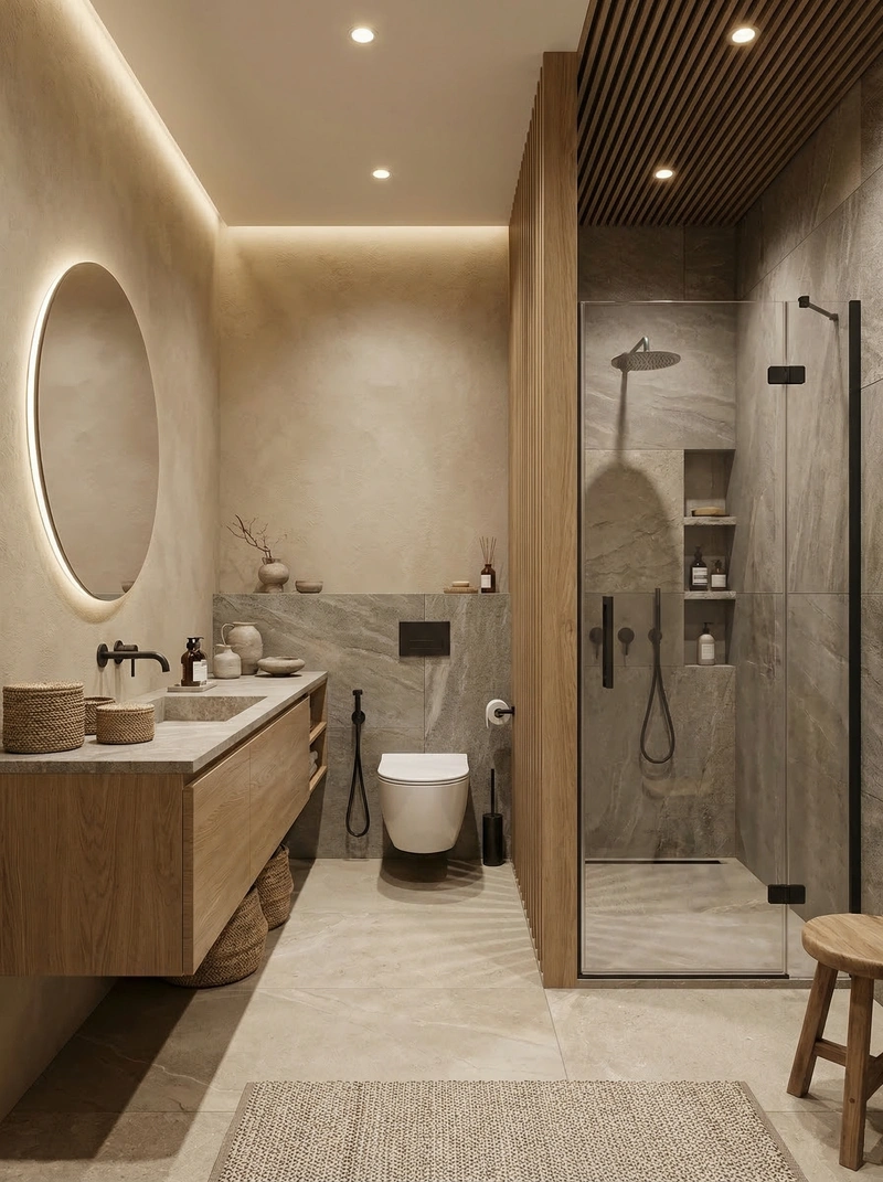 Дизайн ванной в стиле Japandi — фото интерьера от нейросети RoomGPT