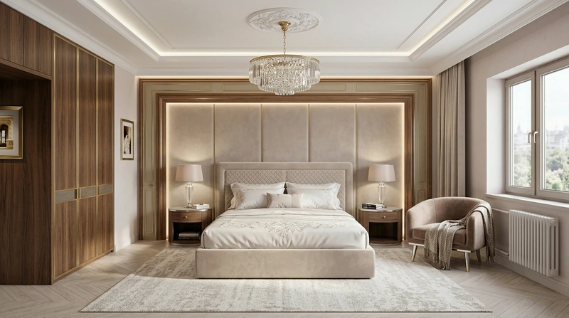 Дизайн спальни в стиле Неоклассика — фото интерьера от нейросети RoomGPT