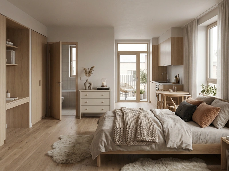 Дизайн спальни в стиле Хюгге — фото интерьера от нейросети RoomGPT