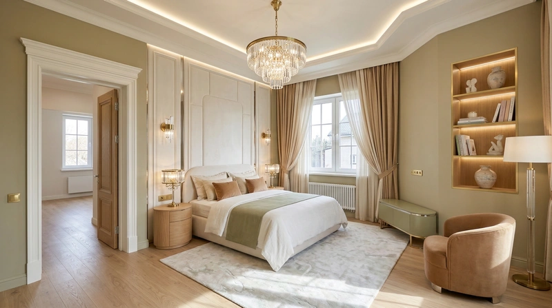 Дизайн спальни в стиле Неоклассика — фото интерьера от нейросети RoomGPT