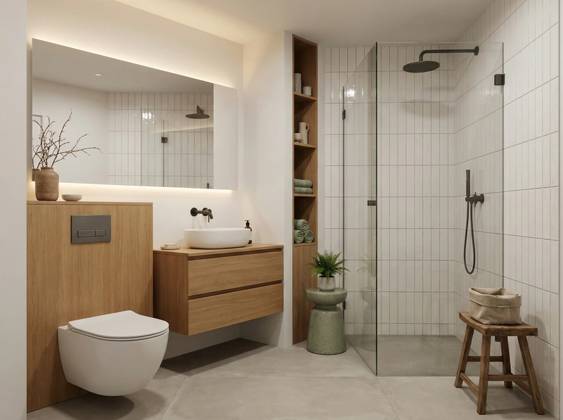 Дизайн ванной в стиле Japandi — фото интерьера от нейросети RoomGPT