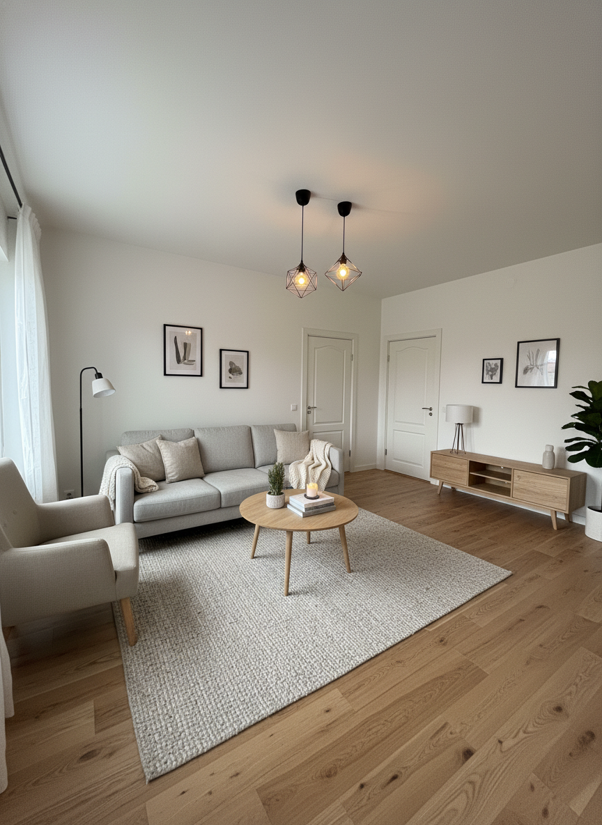 Дизайн гостиной в стиле Хюгге — фото интерьера от нейросети RoomGPT