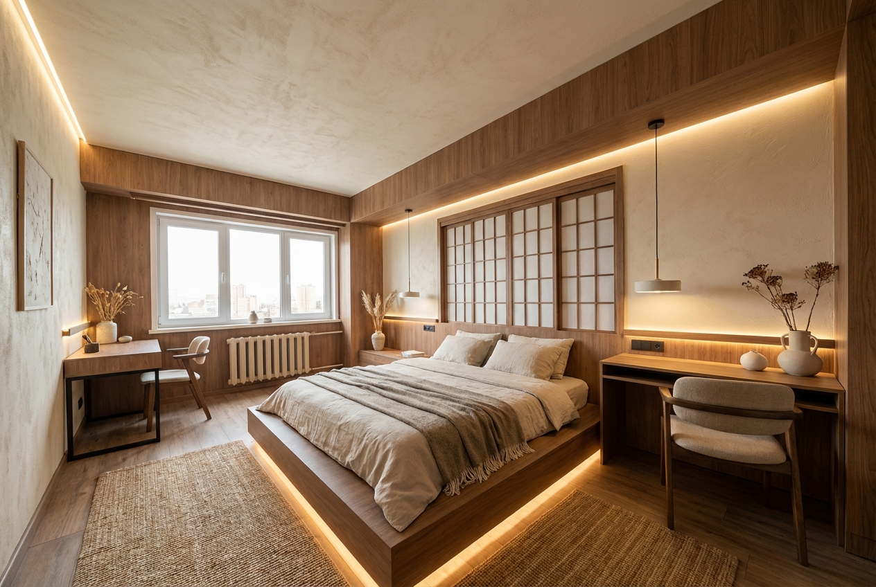 Дизайн спальни в стиле Japandi — фото интерьера от нейросети RoomGPT
