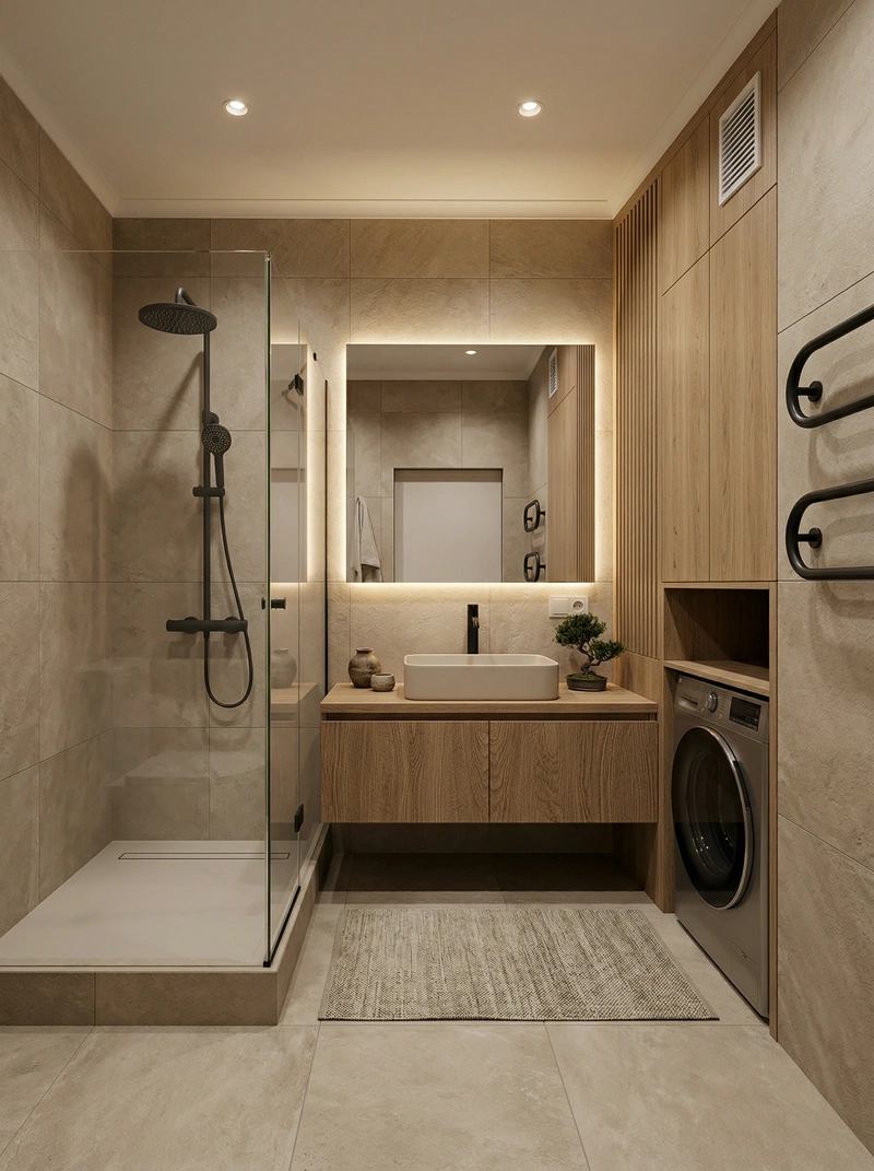 Дизайн ванной в стиле Japandi — фото интерьера от нейросети RoomGPT