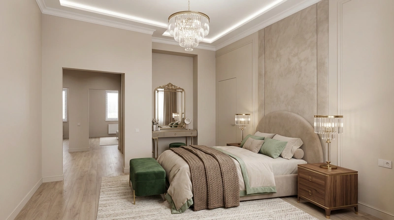 Дизайн спальни в стиле Неоклассика — фото интерьера от нейросети RoomGPT