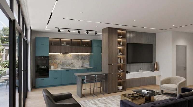 Дизайн интерьера в стиле Контемпорари — Гостиная от нейросети RoomGPT