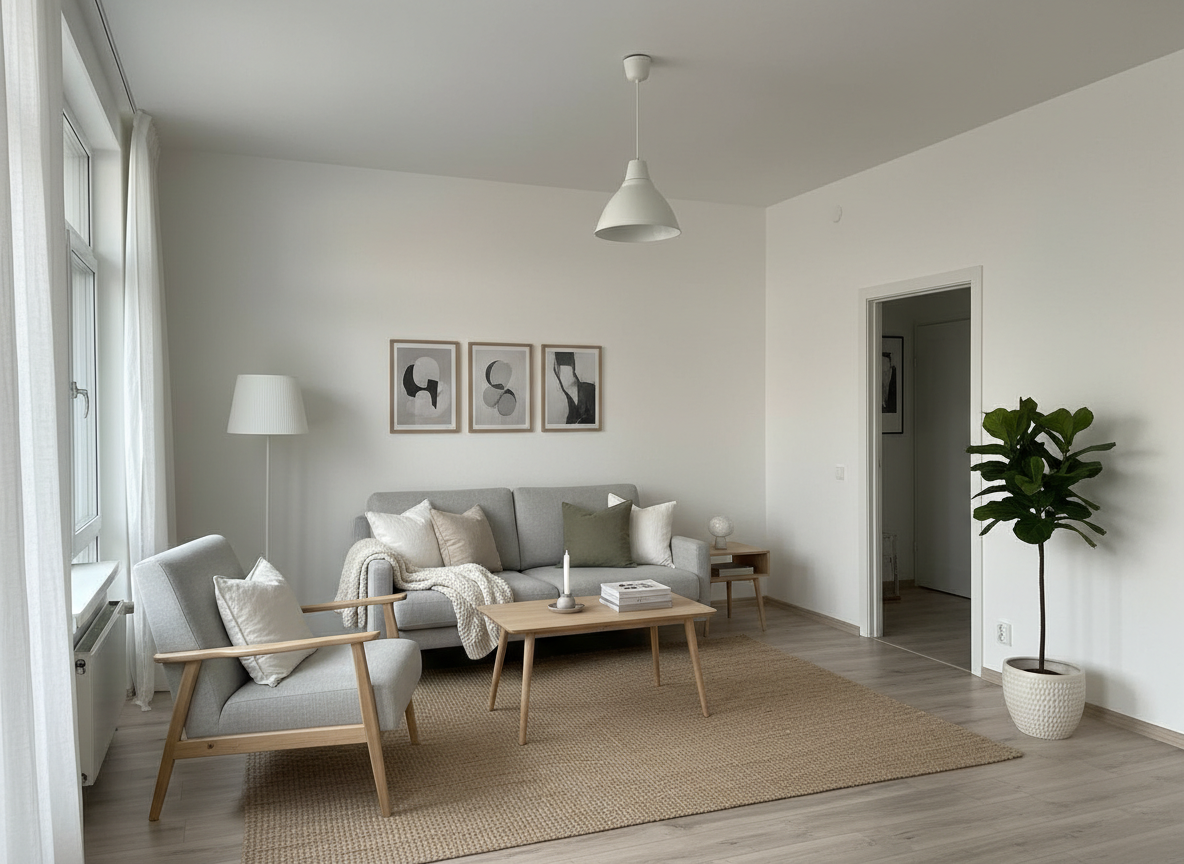 Дизайн гостиной в стиле Хюгге — фото интерьера от нейросети RoomGPT