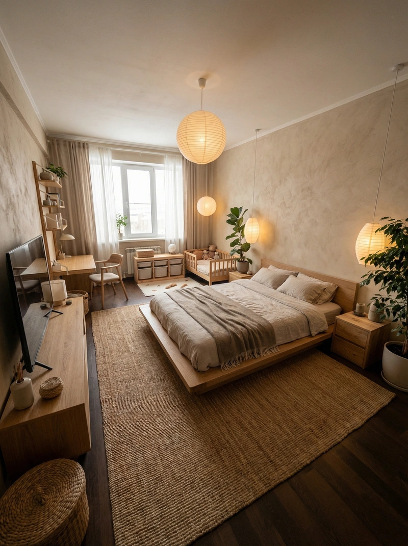 Дизайн спальни в стиле Japandi — фото интерьера от нейросети RoomGPT