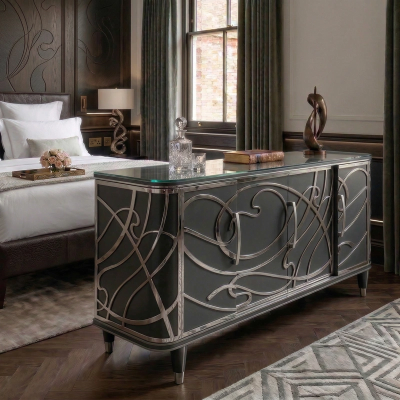 Дизайн спальни в стиле Блэктэк — фото интерьера от нейросети RoomGPT