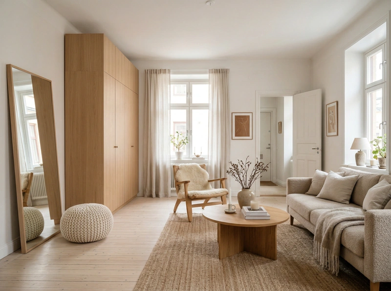 Дизайн гостиной в стиле Хюгге — фото интерьера от нейросети RoomGPT