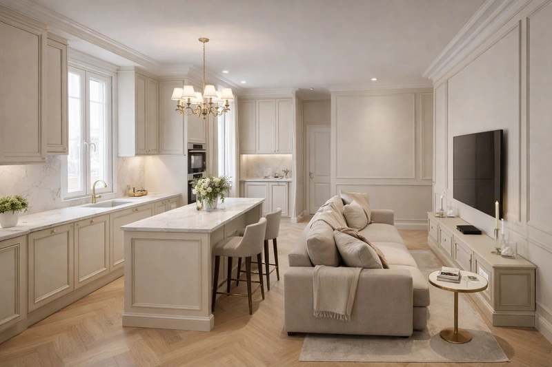 Дизайн кухни в стиле Классика — фото интерьера от нейросети RoomGPT