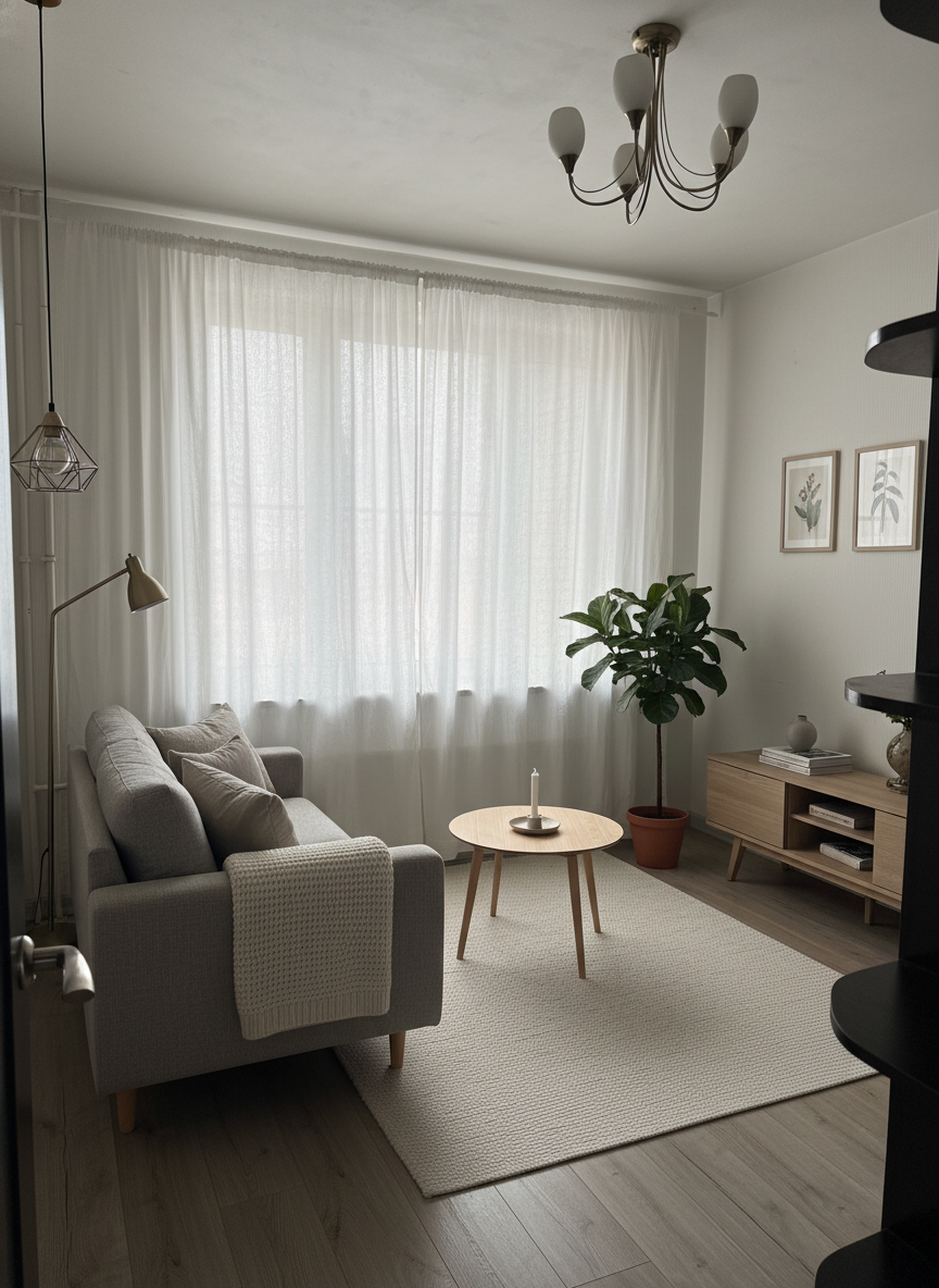 Дизайн гостиной в стиле Хюгге — фото интерьера от нейросети RoomGPT