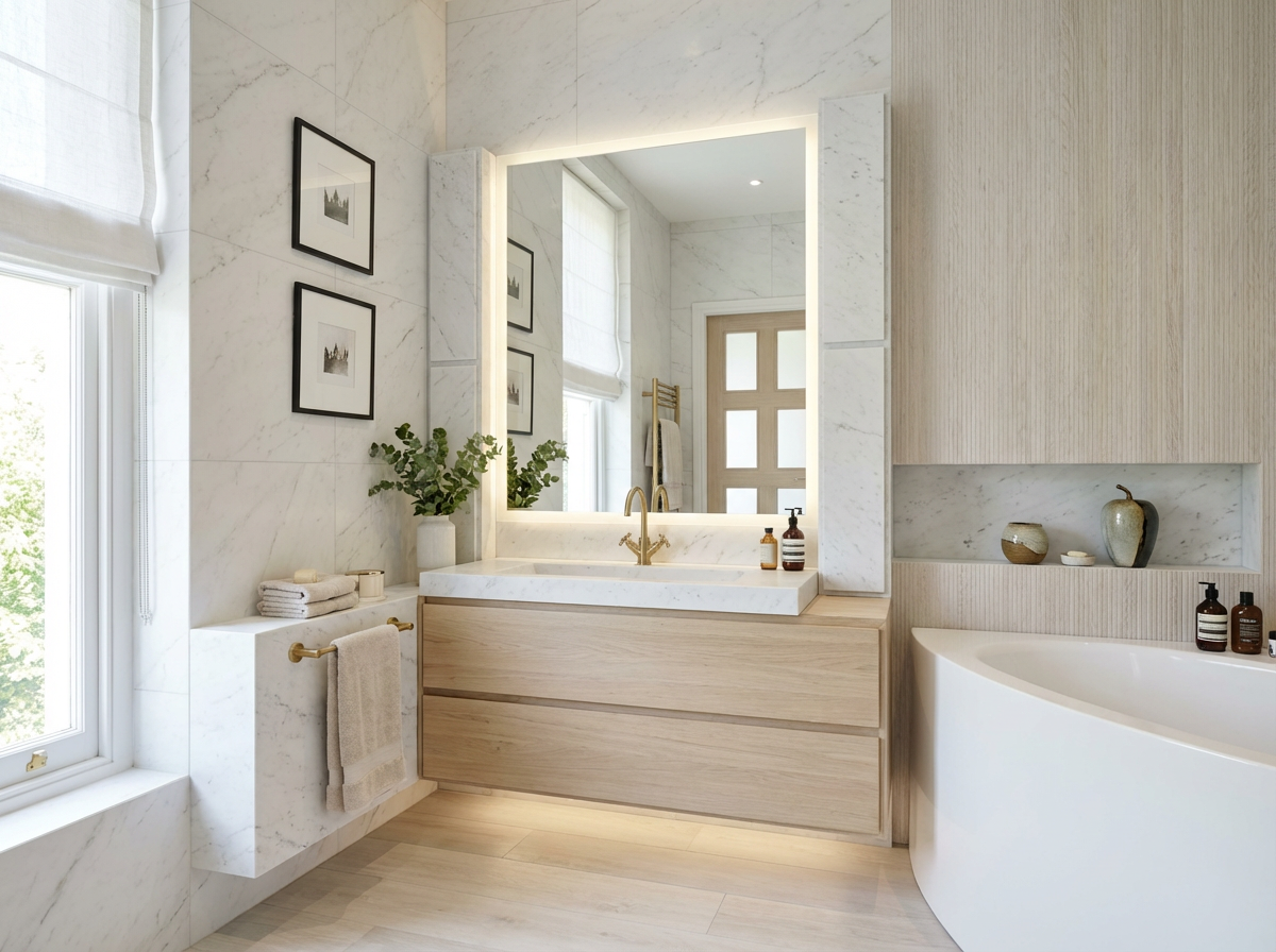 Дизайн ванной в стиле Сканди — фото интерьера от нейросети RoomGPT