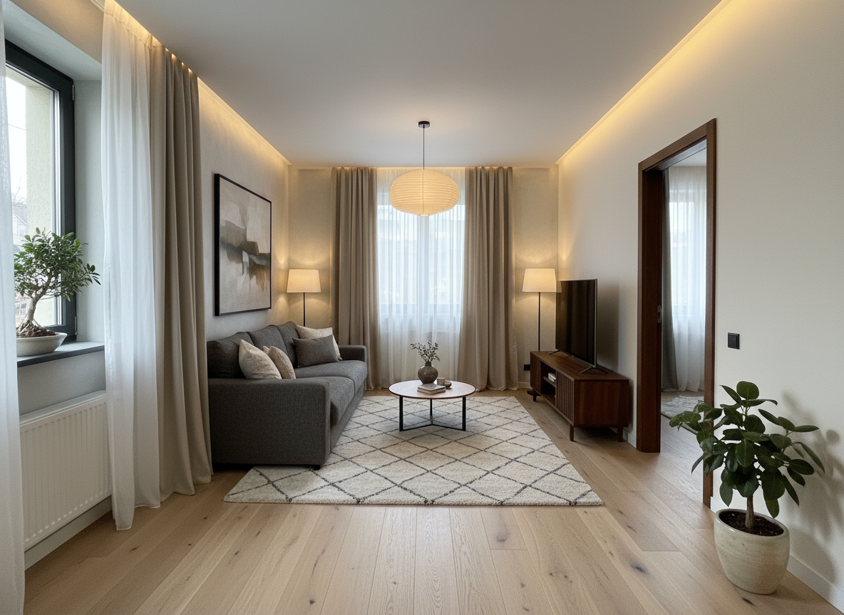 Дизайн гостиной в стиле Japandi — фото интерьера от нейросети RoomGPT