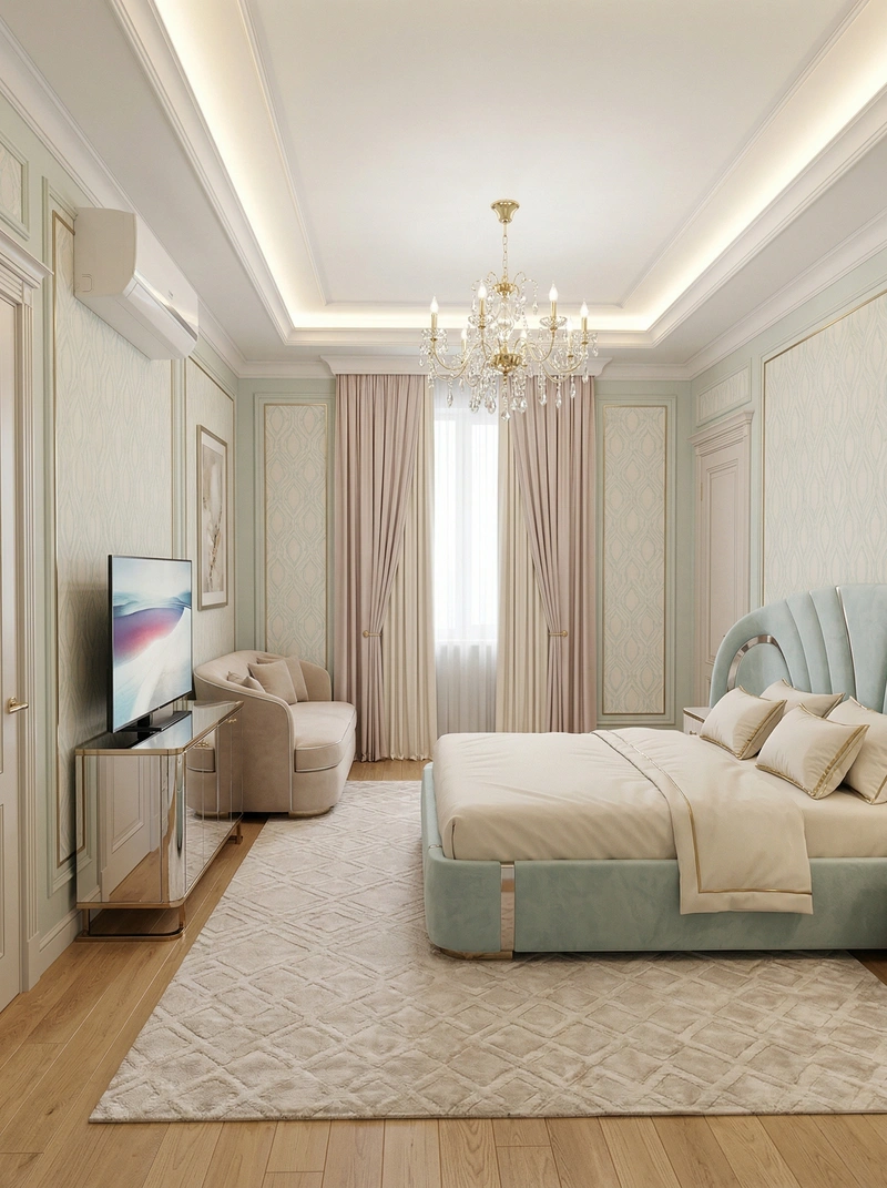 Дизайн спальни в стиле Неоклассика — фото интерьера от нейросети RoomGPT