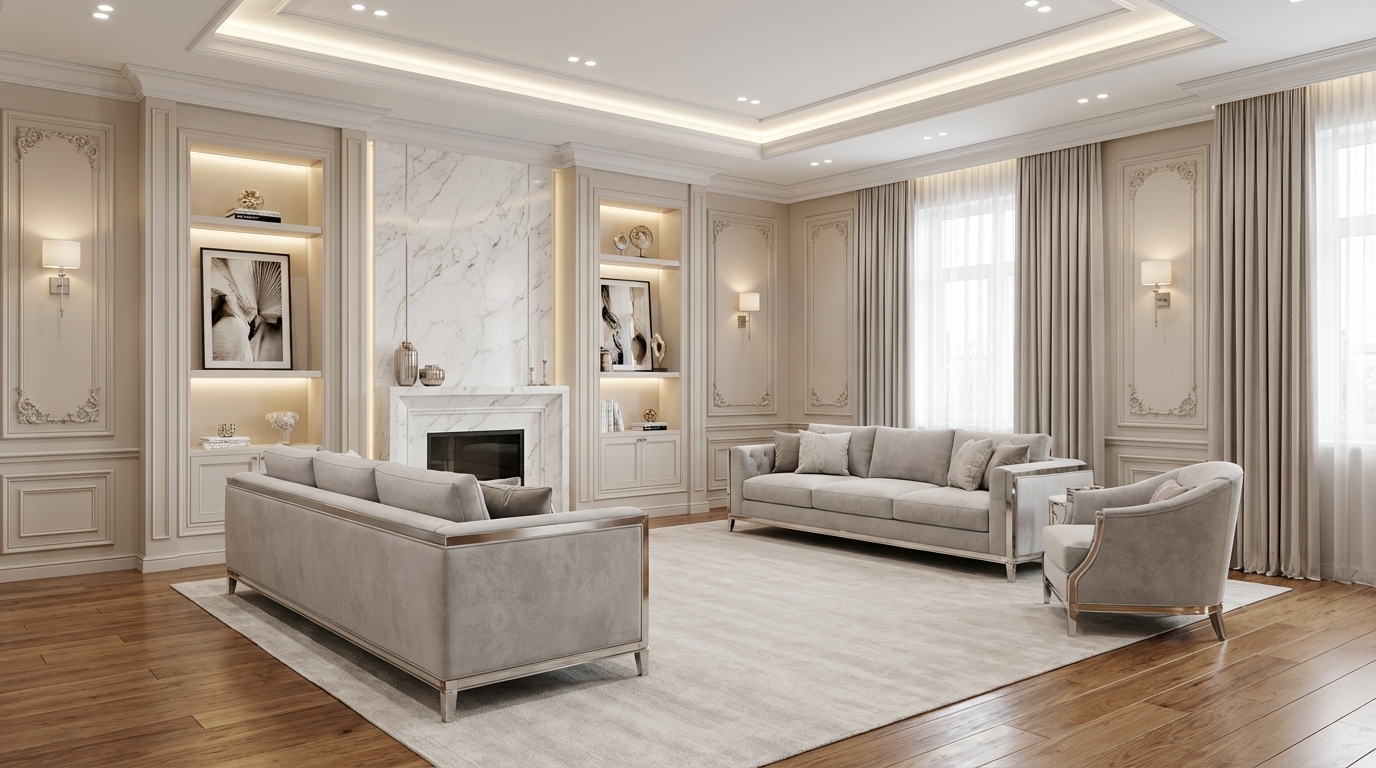 Дизайн гостиной в стиле Классика — фото интерьера от нейросети RoomGPT