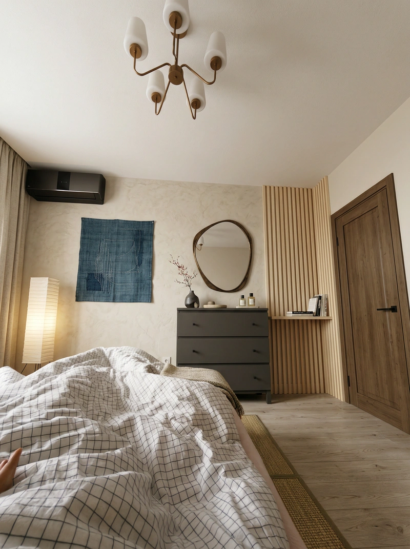 Дизайн спальни в стиле Japandi — фото интерьера от нейросети RoomGPT