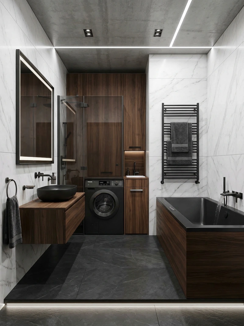 Дизайн ванной в стиле Блэктэк — фото интерьера от нейросети RoomGPT