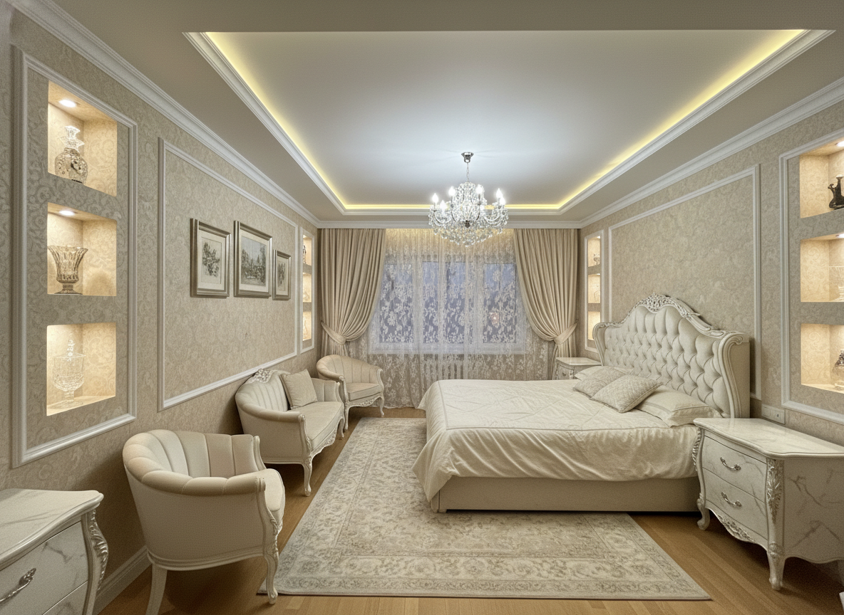 Дизайн спальни в стиле Классика — фото интерьера от нейросети RoomGPT
