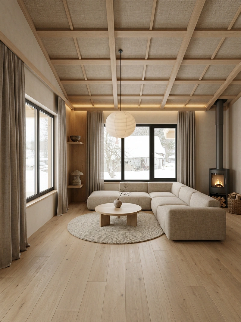 Дизайн гостиной в стиле Japandi — фото интерьера от нейросети RoomGPT