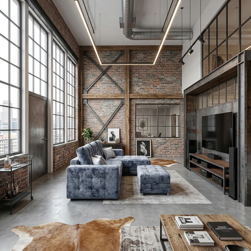 Дизайн гостиной в стиле Лофт — фото интерьера от нейросети RoomGPT