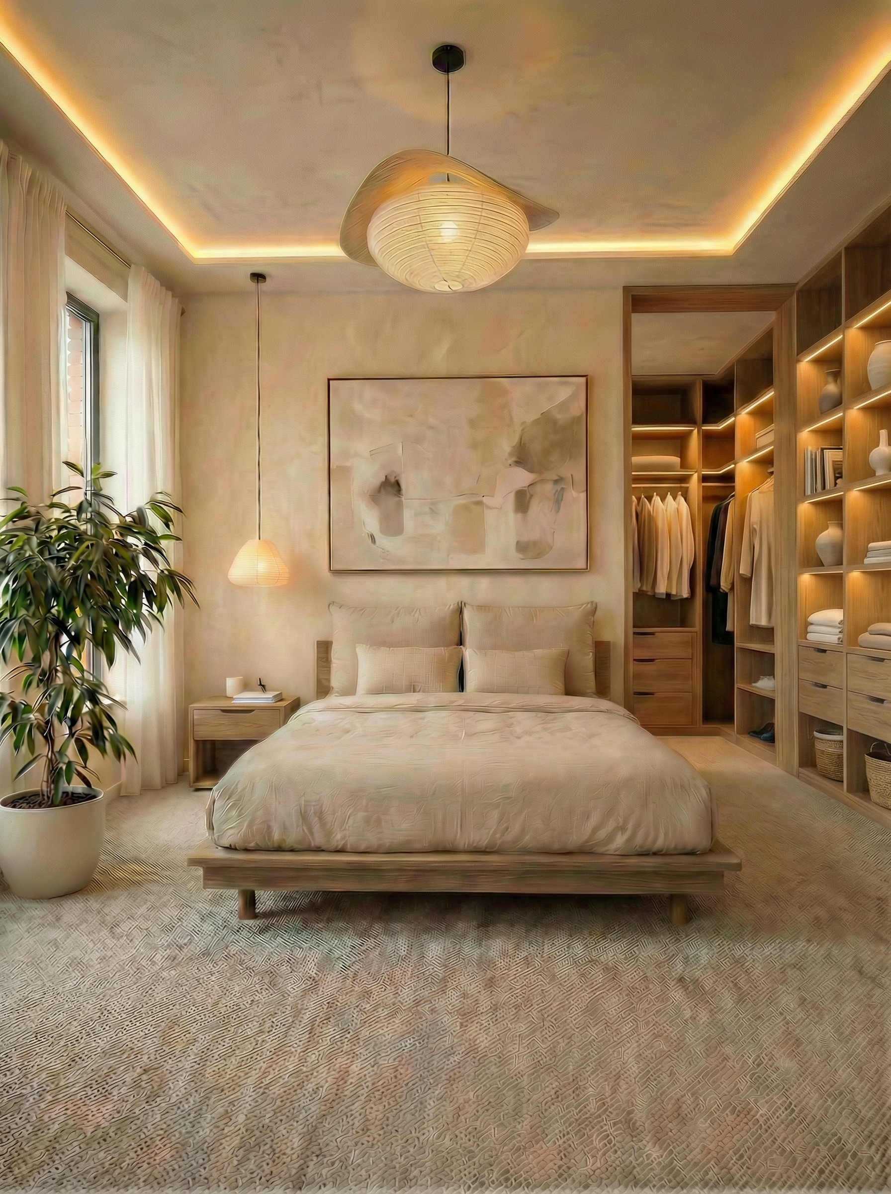 Дизайн спальни в стиле Japandi — фото интерьера от нейросети RoomGPT