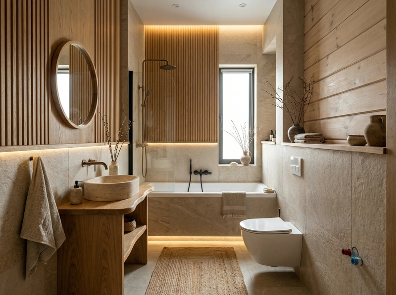 Дизайн ванной в стиле Japandi — фото интерьера от нейросети RoomGPT