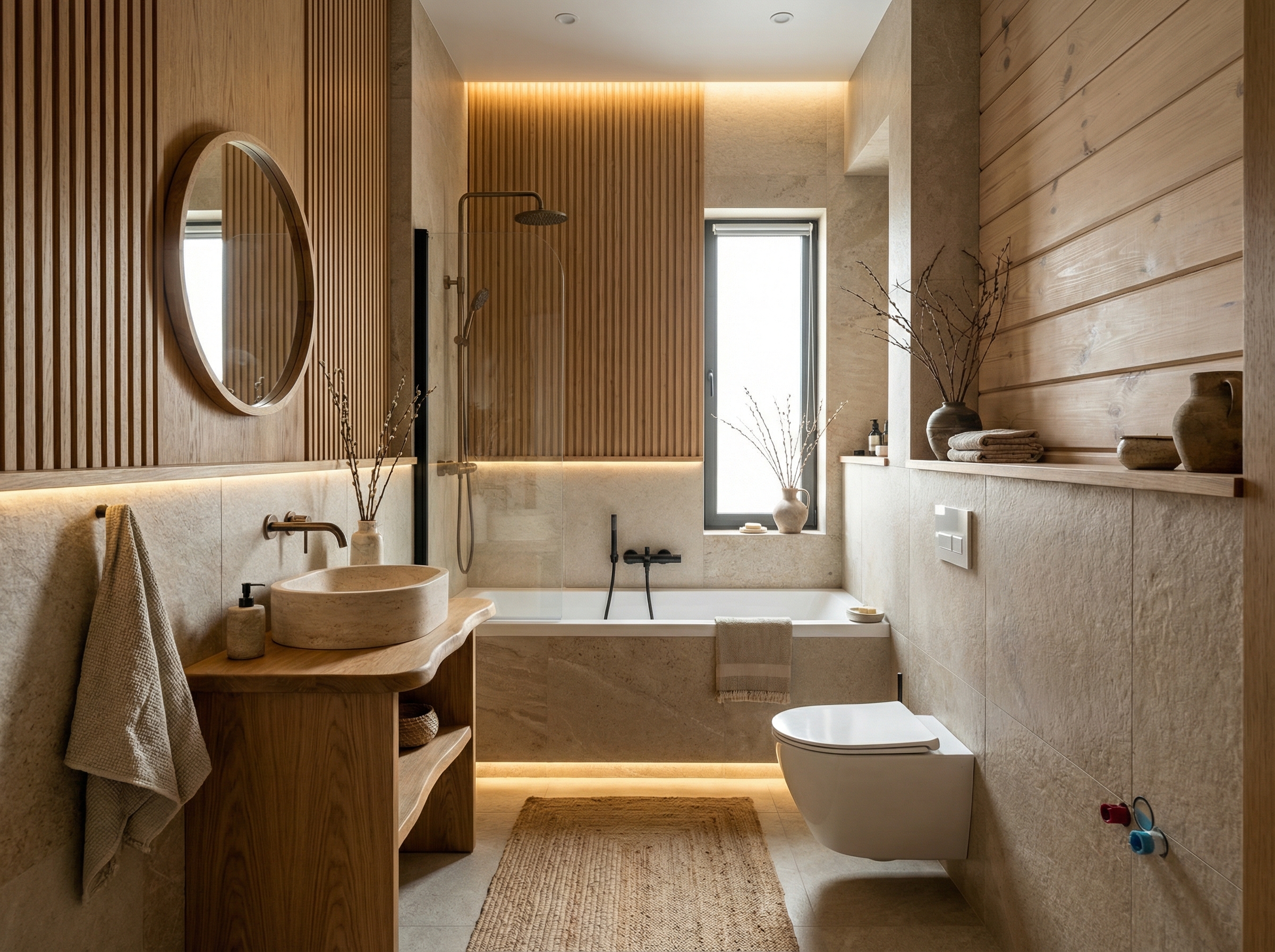 Дизайн ванной в стиле Japandi — фото интерьера от нейросети RoomGPT