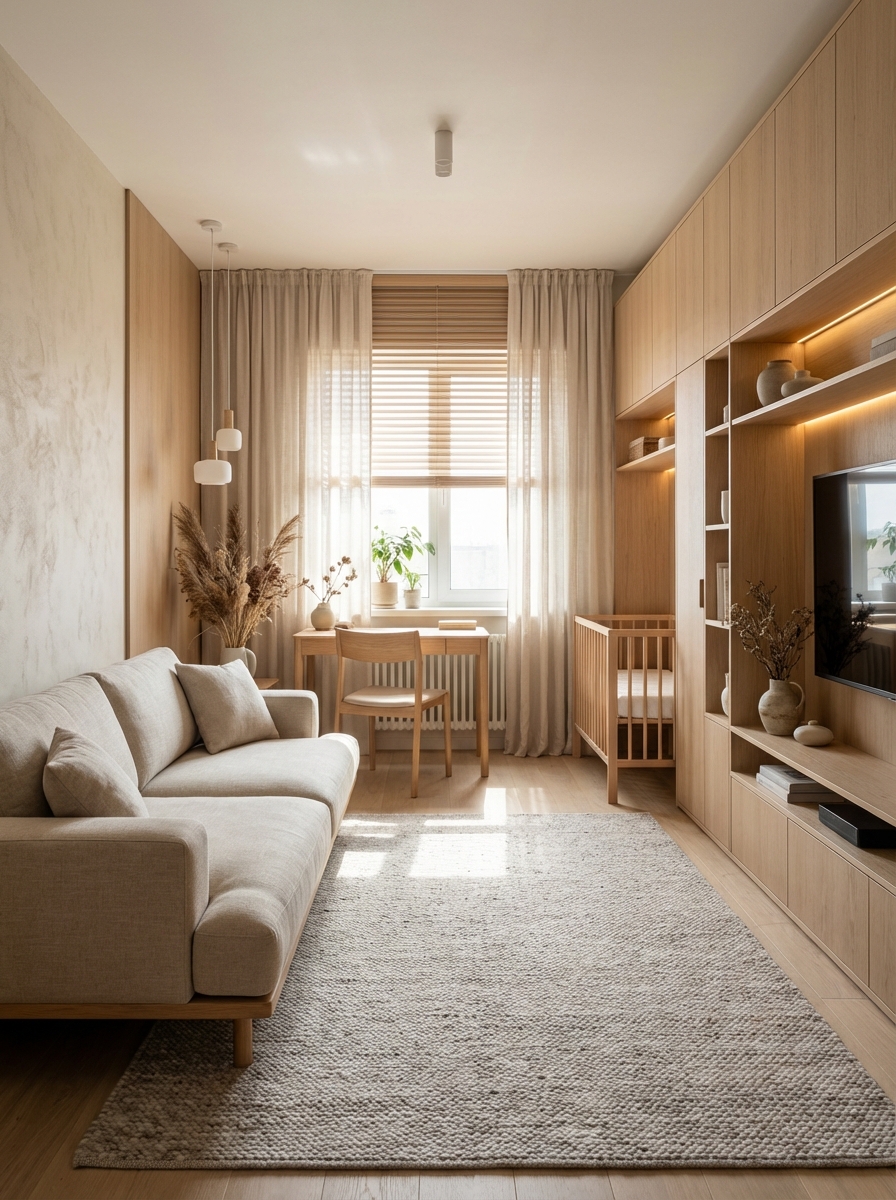 Дизайн гостиной в стиле Japandi — фото интерьера от нейросети RoomGPT