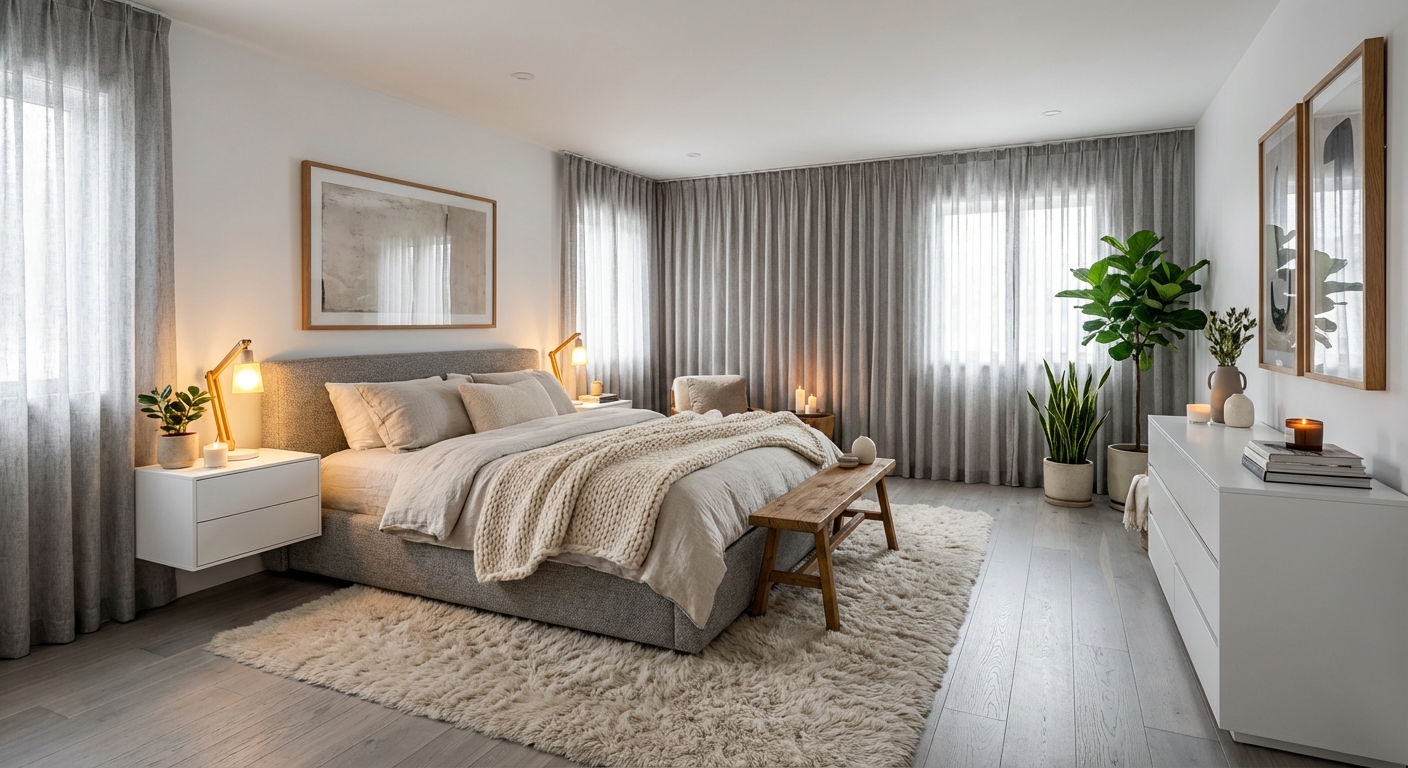 Дизайн спальни в стиле Хюгге — фото интерьера от нейросети RoomGPT