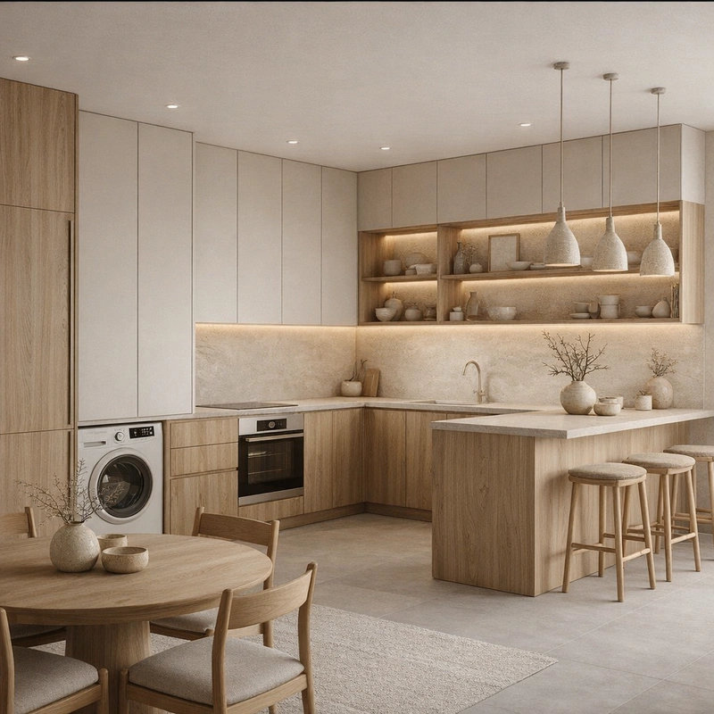 Дизайн кухни в стиле Japandi — фото интерьера от нейросети RoomGPT