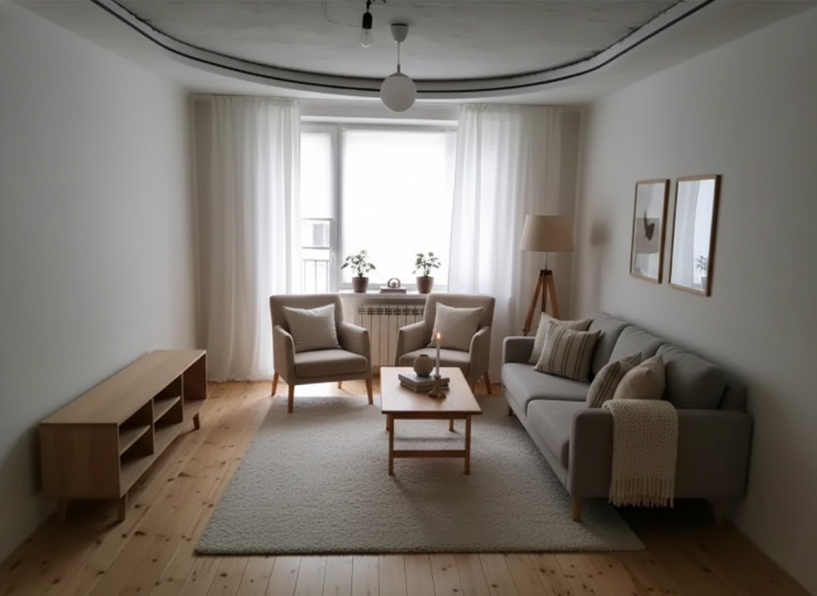 Дизайн гостиной в стиле Хюгге — фото интерьера от нейросети RoomGPT