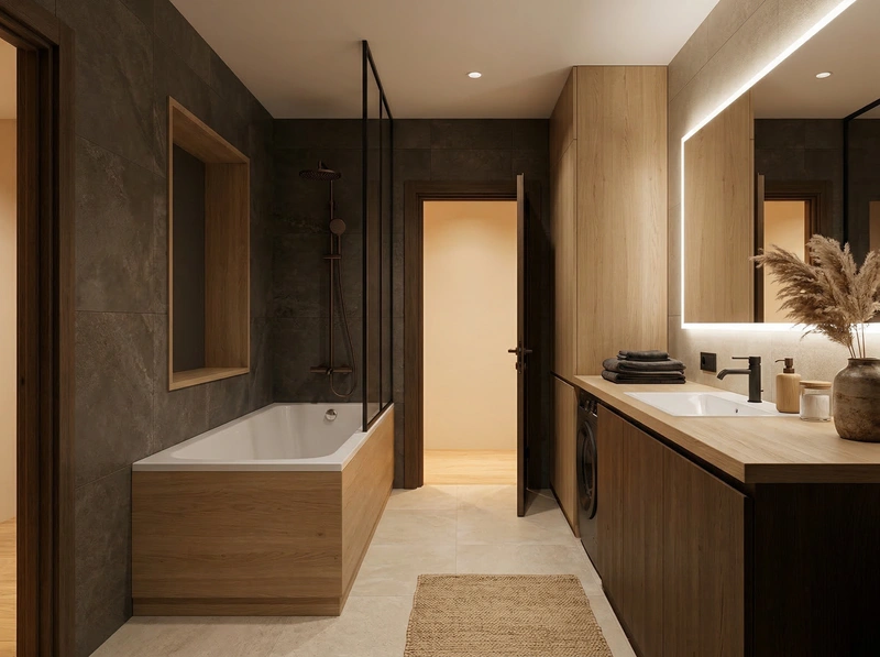 Дизайн ванной в стиле Japandi — фото интерьера от нейросети RoomGPT